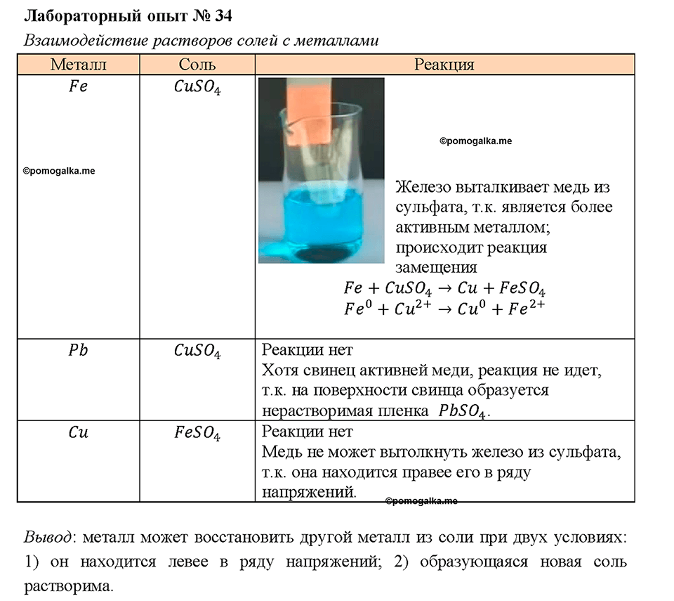 Лабораторный опыт 34. Взаимодействие растворов солей с металлами страница 257 химия 8 класс Габриелян